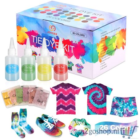 Tie Dye Kit, set van 26 kleuren, voor kinderen en volwassenen, textielverf, set met 150 elastieken, 2 herbruikbare tafelkleden, 