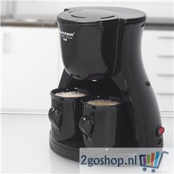 Filterkoffiezetapparaat voor 2 kopjes koffie, Duo-Filterkoffiemachine incl. twee bijpassende zwarte kopjes & permanentfilter, 45