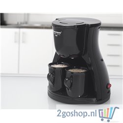 Filterkoffiezetapparaat voor 2 kopjes koffie, Duo-Filterkoffiemachine incl. twee bijpassende zwarte kopjes & permanentfilter, 45