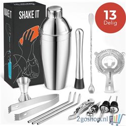 KitchenBrothers 14 Delige RVS Cocktail Shaker Set - Met Receptenboek en Cadeauverpakking - Inclusief Shaker - Zeef - Lepel - Jig