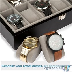 LifeGoods Luxe Horloge Doos - Opberg box met Glazen Deksel - Kist met 12 Houders/Compartimenten - Dames en Heren - Hout - Zwart
